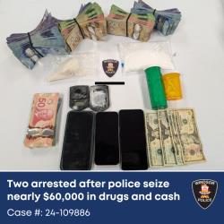 Photograph of seized drugs and cash.